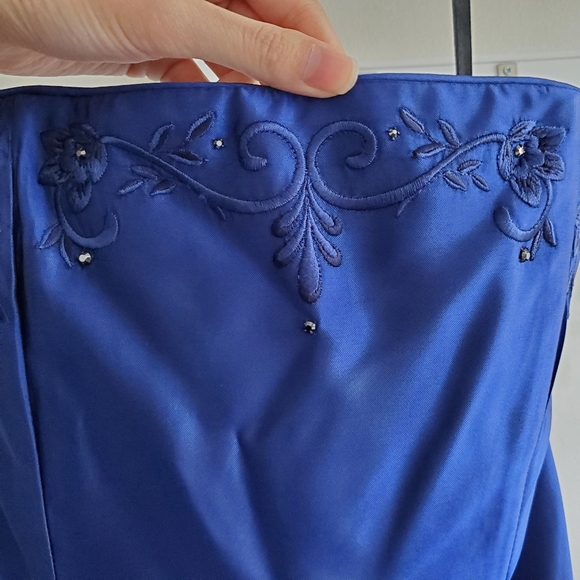 Embroidered Royal Blue Full Length Formal Strapless Dress - Picture 8 of 12